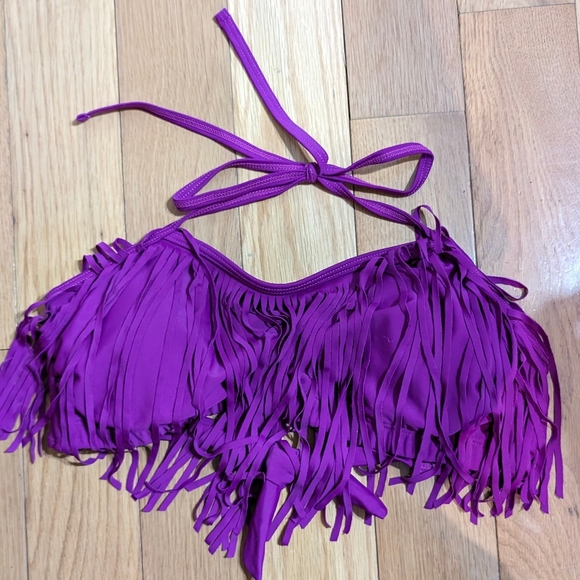 Women’s Fringe Purple Bikini Swim Top Plunge Ruched Size Small - Picture 2 of 5